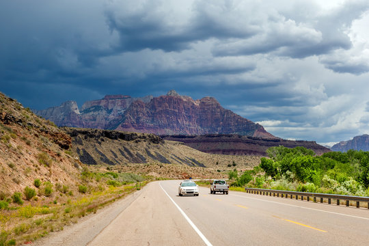 Gathering thunderstorm over Grand Staircase Escalante national monument that surrounds scenic route 389 in Utah, USA