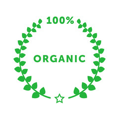 Organic 100 percent circle badge with branch with leaves. Design element for packaging design and promotional material. Vector illustration.