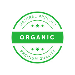 Organic natural product premium quality green sticker. Design element for packaging design and promotional material. Vector illustration.