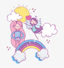 happy valentines day, cute girl and flying cupid love rainbow romantic