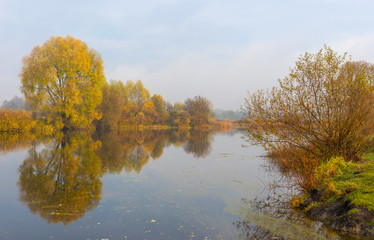 Morning landscape in pastel shades with Vorskla river at autumnal season in Sumskaya oblast, Ukraine