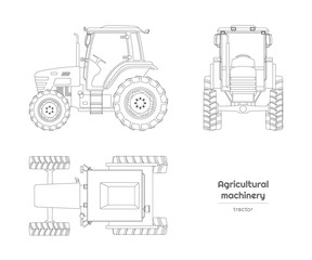 Outline blueprint of tractor. Side, front and top view of agriculture machinery. Farming vehicle. Industry isolated drawing