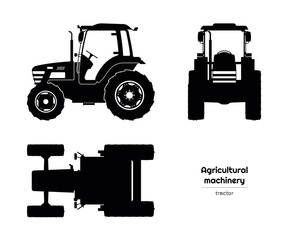 Black silhouette of tractor. Side, front and top view of agriculture machinery. Farming vehicle. Industry isolated drawing © shaineast