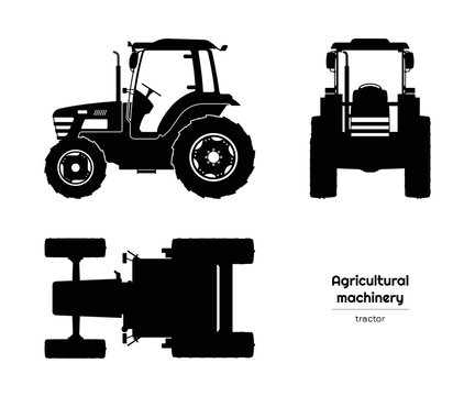 Black silhouette of tractor. Side, front and top view of agriculture machinery. Farming vehicle. Industry isolated drawing