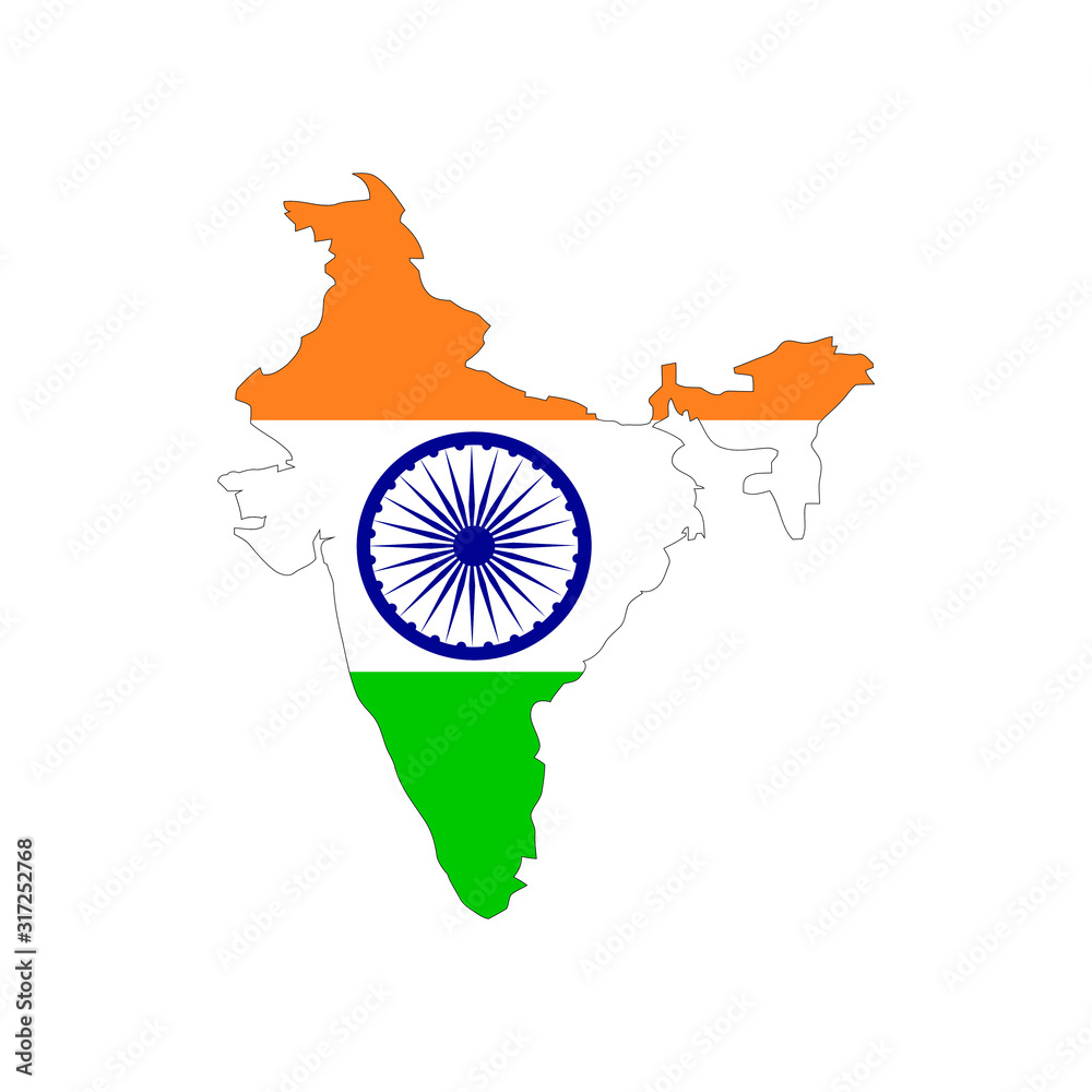 Wall mural india map vector with flag, isolated on white background. black map template, flat earth. simplified