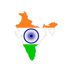 India map vector with flag, isolated on white background. Black map template, flat earth.  Simplified, generalized world map with round corners.