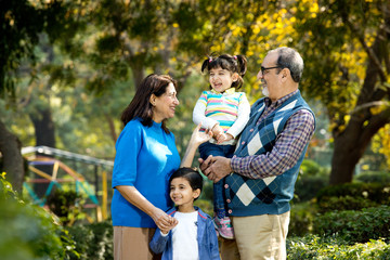 Obraz premium Happy grandparents spending leisure time with grandchildren