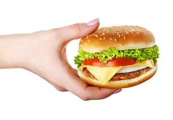 Burger in hand isolated on white background