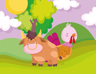 bull and turkey hill field tree farm animal cartoon