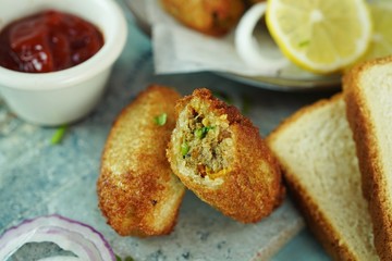 Bread Meat rolls - Deep fried snack with leftover breads, selective focus
