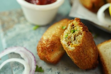 Bread Meat rolls - Deep fried snack with leftover breads, selective focus
