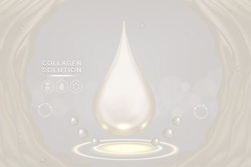 Fototapeta premium Hyaluronic acid skin solutions ad, white collagen serum drop with cosmetic advertising background ready to use, illustration vector. 