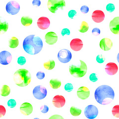 Watercolor background. Colorful confetti, cracker, balls, soap bubbles. Beautiful abstract background. round abstract spot. For fabric, cover, packaging, material, wallpaper, scarf. Watercolor splash