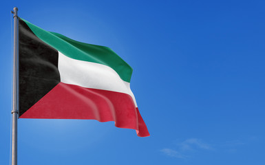 Kuwait flag waving in the wind against deep blue sky. National theme, international concept. Copy space for text.