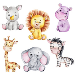 Set met schattige cartoon giraffe, zebra, neushoorn, olifant, nijlpaard en leeuw  aquarel hand tekenen illustratie  met witte geïsoleerde achtergrond