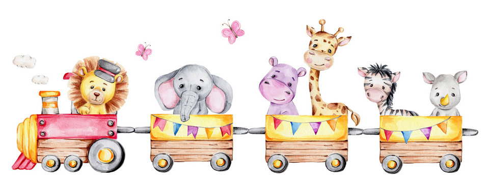 Fototapeta Cartoon train with lion driver and elephant, rhinoceros, giraffe, hippopotamus and zebra on waggons  watercolor hand draw illustration  with white isolated background