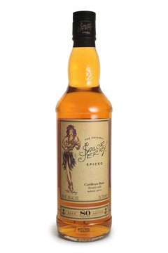 ST. PETERSBURG, RUSSIA - MARCH 22, 2019: Bottle of Sailor Jerry Spiced Caribbean Rum, UK