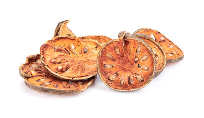 Dry Bael fruit - Slices of dry Bael fruit isolated on white  background