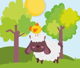 sheep with chick in head trees sun grass farm animal cartoon