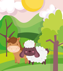 Obraz na płótnie Canvas horse and sheep field trees sky sun clouds farm animal cartoon