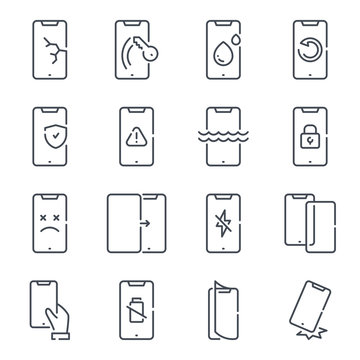 Mobile Phone Repair Related Line Icon Set. Smartphone Protection Linear Icons. Cell Phone Problems Outline Vector Signs And Symbols Collection.