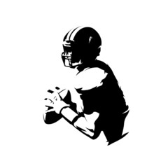 American football player holding ball, isolated vector silhouette, ink drawing