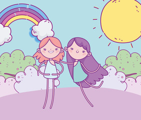 happy valentines day, funny cupids grass rainbow sunny day cartoon