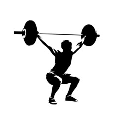 Naklejka na ściany i meble Weightlifting squats, strong woman litfs big barbell, isolated vector silhouette. Ink drawing