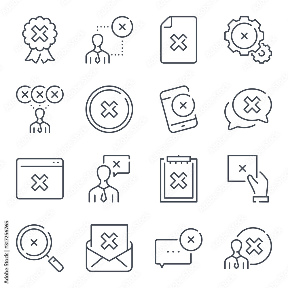 Poster cancellation related line icon set. negative result linear icon collection. decline and cancel vecto