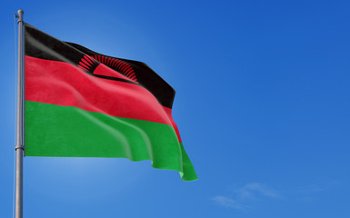 Malawi flag waving in the wind against deep blue sky. National theme, international concept. Copy space for text.
