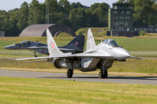 FLORENNES, BELGIUM - JUN 15, 2017: Polish Air Force MiG-29 Fulcrum fighter jets taxiing towards the runway of Florennes airbase.