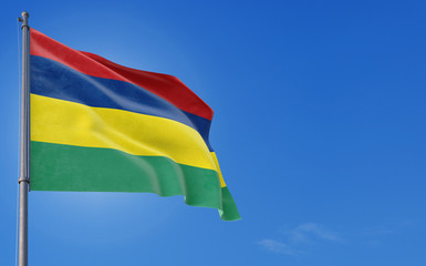 Mauritius flag waving in the wind against deep blue sky. National theme, international concept. Copy space for text.