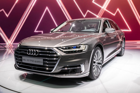 FRANKFURT, GERMANY - SEP 13, 2017: Audi A8 L 55 TFSI quattro car showcased at the Frankfurt IAA Motor Show.