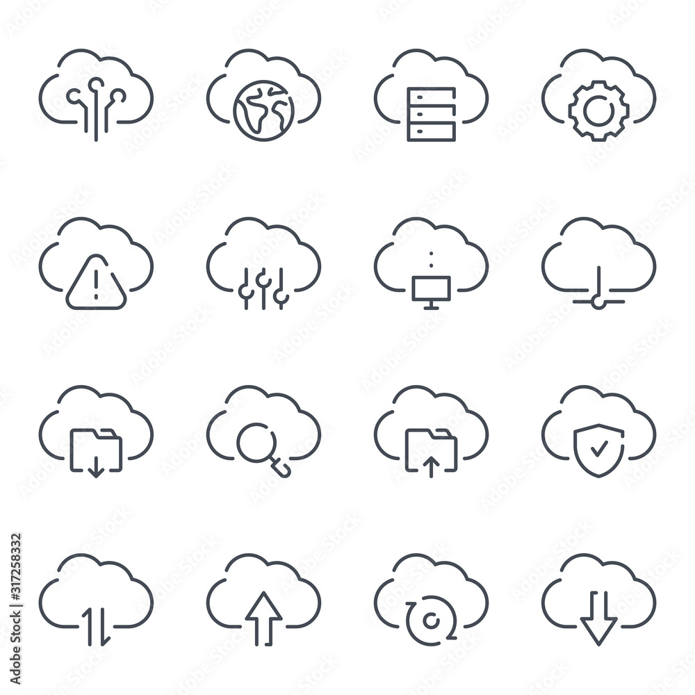 Poster cloud service and technology line icons. cloud network and data vector linear icon set.