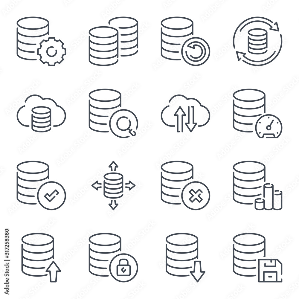 Poster data storage and database related line icon set. backup linear icons. data transfer and structure ou