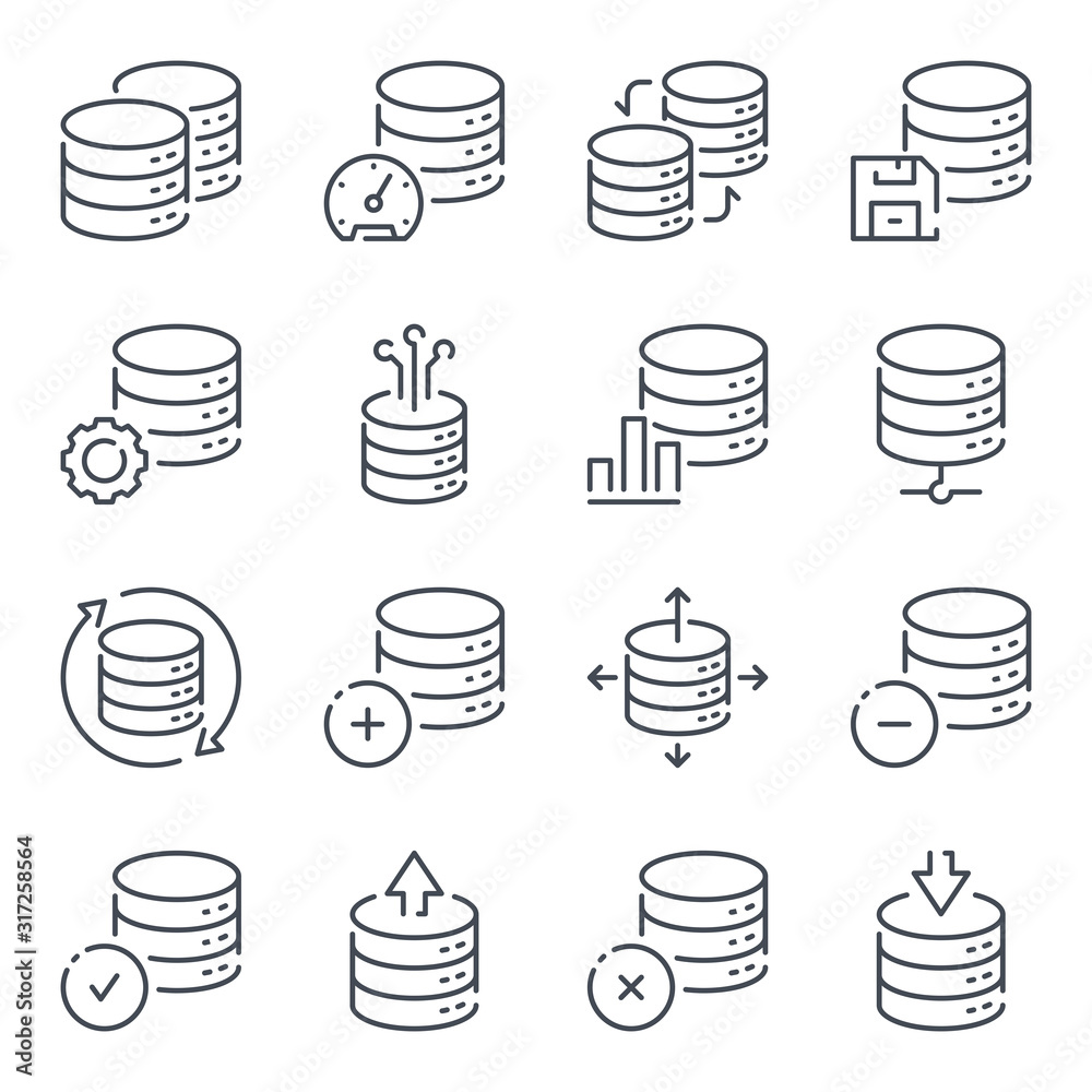 Poster database related line icon set. server and archive backup vector linear icons. hosting and web stora
