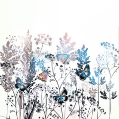 Naklejki  Piękne pole wektor ilustracja kwiaty z roślin, kwiatów i motyli
