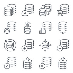 Database related line icon set. Server and archive backup vector linear icons. Hosting and web storage icons on white background.