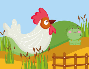 rooster and frog fence plants grass farm animal cartoon
