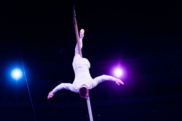 Fototapeta na wymiar acrobat performing upside down on metallic pole in arena of circus