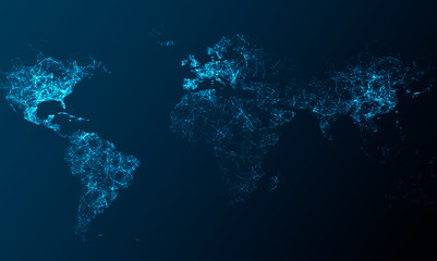 glowing blue worldwide interconnections line on world map concept. illustration of communication of economic activity.