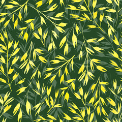 Seamless green watercolor background with yellow leaves