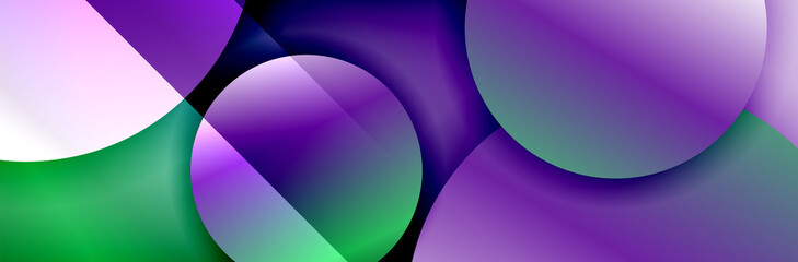 Dynamic trendy geometrical abstract background. Circles, round shapes 3d shadow effects and fluid gradients. Modern overlapping round forms