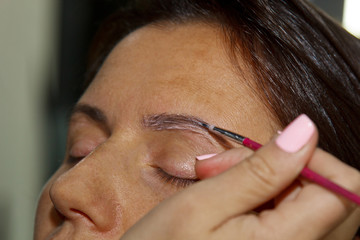 cosmetologist - makeup artist paints henna on previously plucked, design, trimmed eyebrows in a beauty salon in a correction session. Professional facial.