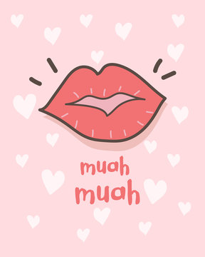 Happy Valentine's Day greeting card with lipstick Kisses, Valentines Day background with lips and Muah Phrases, Valentine card and poster