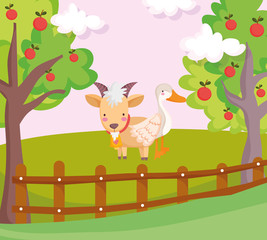 goose and goat wooden fence fruits trees farm animal cartoon