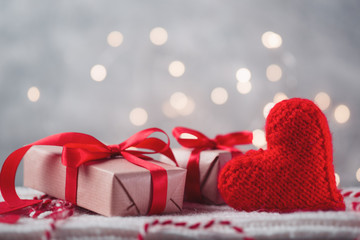 Red soft heart and gift box. Valentine's day greeting card