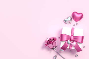 Valentines gift box template blank card with metallic pink color roses on pastel background 3d rendering. 3d illustration sweet heart and Valentines Day greeting card template minimal concept.