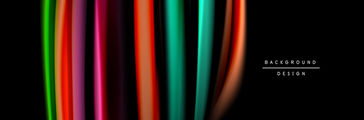 Silk and smooth flow wave poster design. Color waves, liquid style lines and shapes in black color background