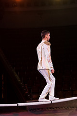 Fototapeta na wymiar side view of handsome gymnast standing on pole in arena of circus